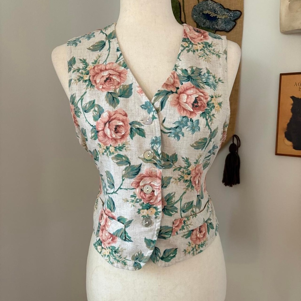 Koret Petites Vintage 90s Floral Cottagecore Vest Striped Back Cream Size 6